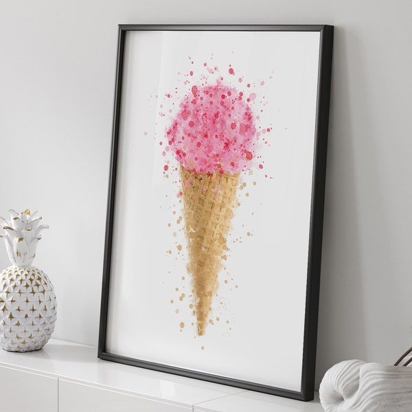 Strawberry Ice Cream Cone Wall Art Poster Print | #0190