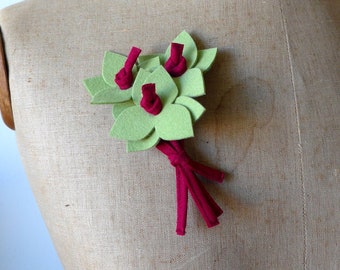 GABRIELLE - Brooch Style 1940s felt, French Manufacture - Flowers Green Apple and Raspberry Stems