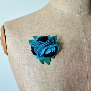 PAULINE Felt Brooch 1940s Style Textile Restriction Period, French Made Turquoise and Black image 1