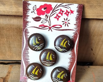 Antique Haberdashery - Lovely 1940s Painted Wood Buttons, Cream Yellow and Bottle Green Sailboat on Dark Brown, French Stock
