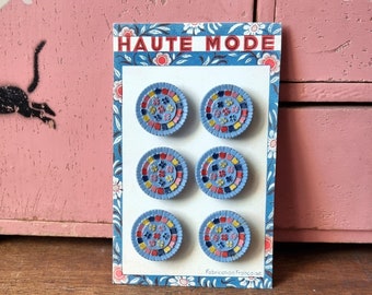 Old Haberdashery - Superb 1940s Buttons in Sky Blue Polymer, Painted Flowers, French Stock