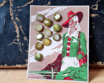 Old Haberdashery - Pretty Old Dyed Mother-of-Pearl Buttons, Light Khaki, French Stock