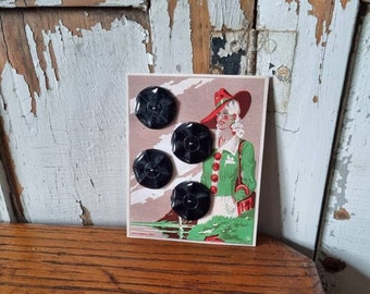 Old haberdashery - Large 1940s black polymer buttons, Art Deco style
