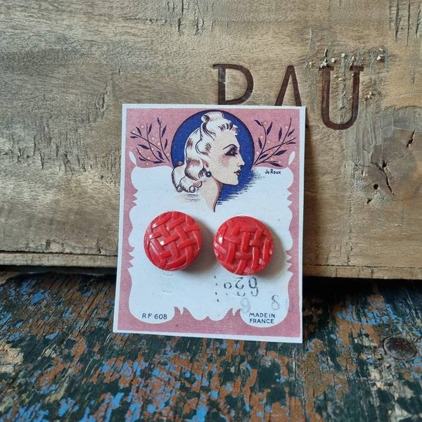 Boucles d'Oreilles Style Années 1940s, Fabrication Française - Pâte de Verre Rouge