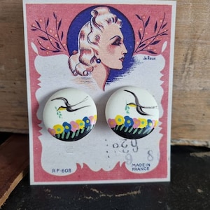 1940s Style Earrings Textile Restriction Period, French Made - Swallows on Branch, Flower Bed