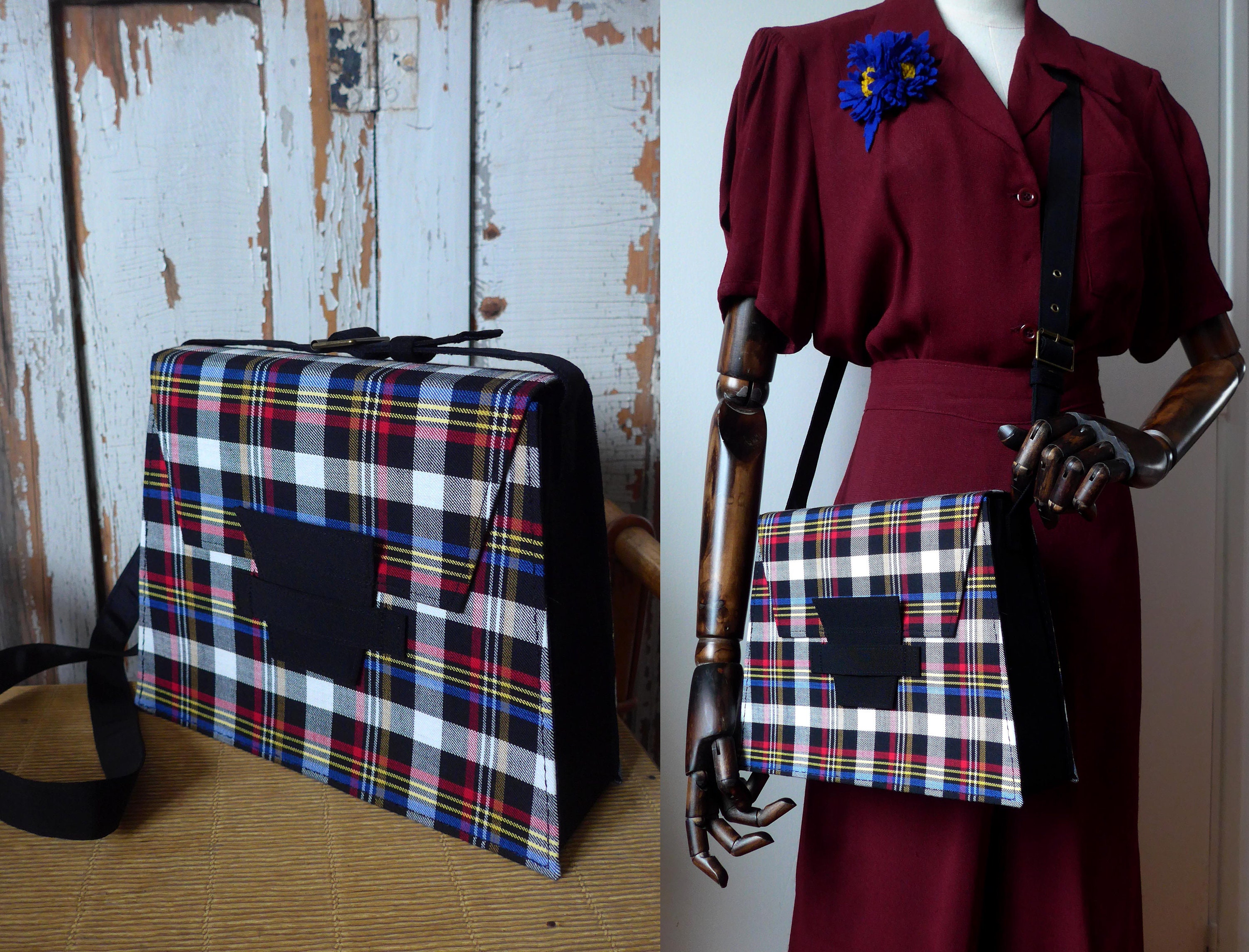 Germain - Shoulder Bag Style 1940s Period Restriction Textile, French Manufacture - Tartan Black, White and Primary Colors