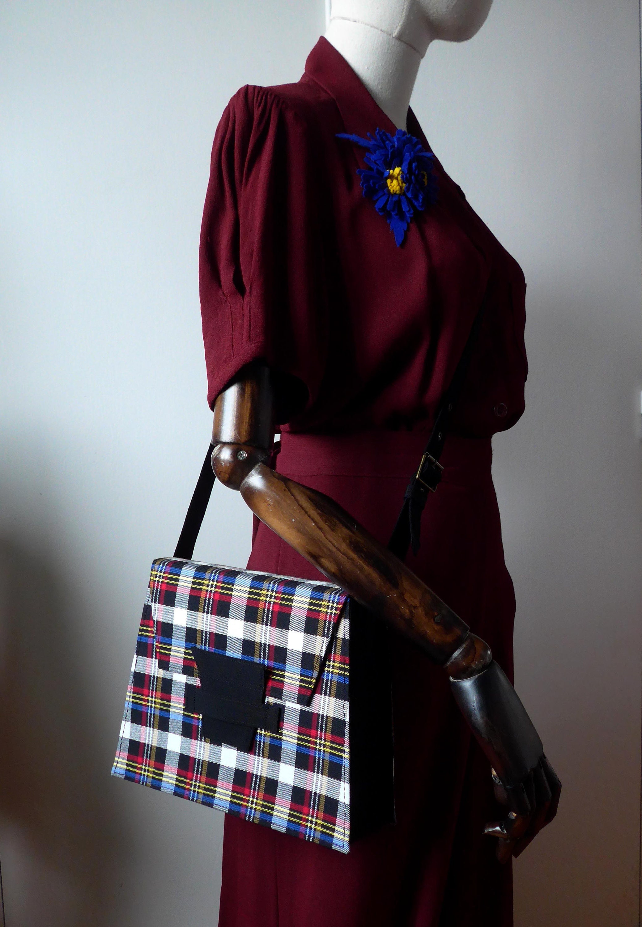 Germain - Shoulder Bag Style 1940s Period Restriction Textile, French Manufacture - Tartan Black, White and Primary Colors