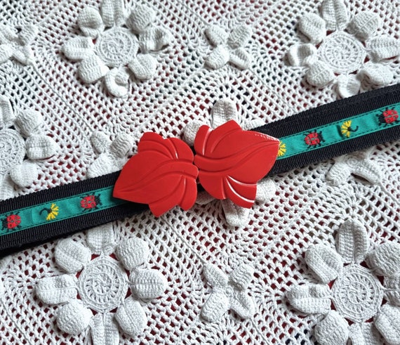 Embroidered Floral Ribbon Belt - Black with Red & Yellow Pattern Floral Jacquard Ribbon Trim, Black Red Gold Embroidered  main image 3