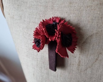 HORTENSE - 1940s style leather brooch, French Made - Red and Dark Brown