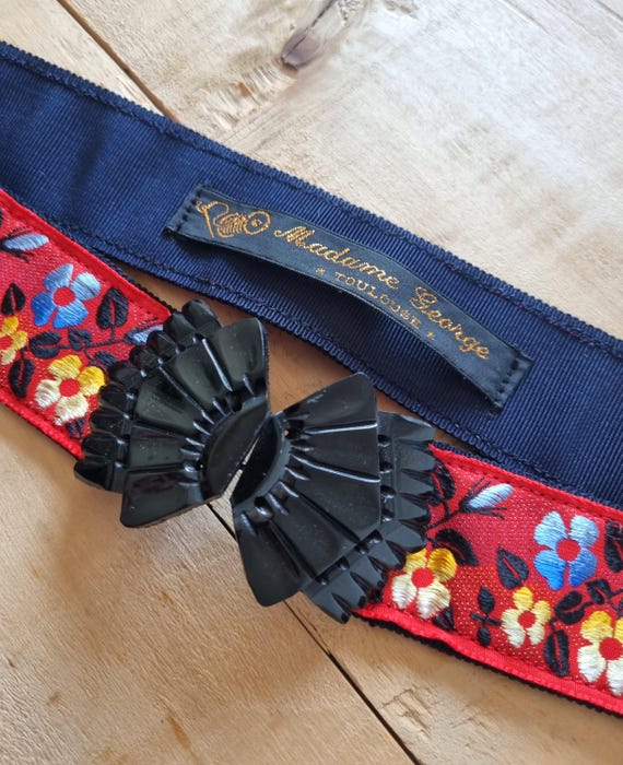Embroidered Floral Ribbon Belt - Black with Red & Yellow Pattern Floral Jacquard Ribbon Trim, Black Red Gold Embroidered  main image 4