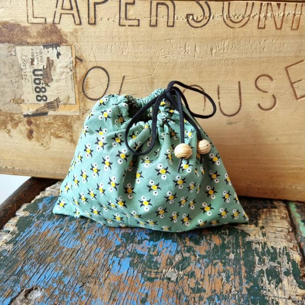 Old Fabric Pouch, Jewelery Storage, Gift Pouch - Made in France - Provençal Cotton Almond Green, Cream, Yellow, Black