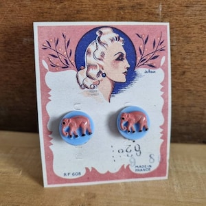 1940s Style Earrings Textile Restriction Period, Made in France - Pink Elephants