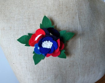 JEANNETTE - Felt Brooch 1940s Style Textile Restriction Period, French Made - Blue White Red