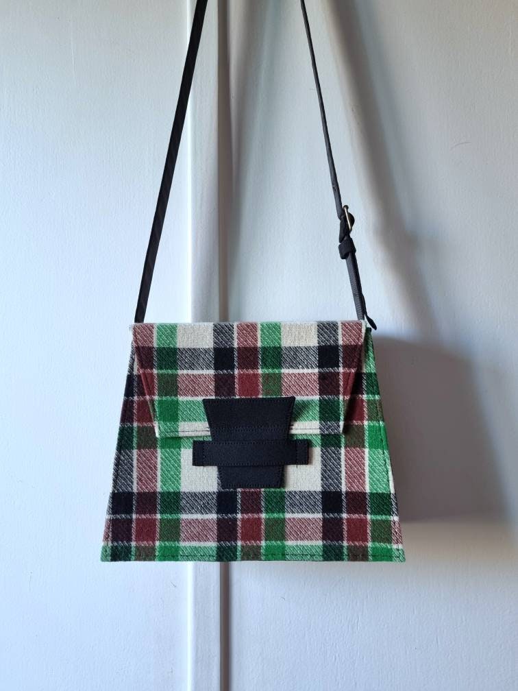 Germain - Shoulder Bag Style 1940s Period Restriction Textile, French Manufacture - Tartan Black, White and Primary Colors