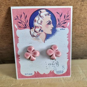1940s Style Earrings Textile Restriction Period, Made in France - Pink Ceramic Clovers