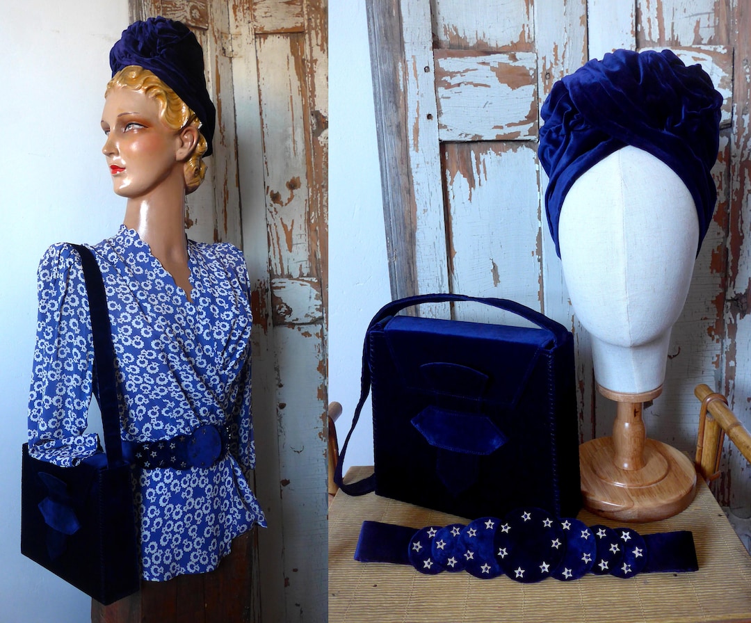 Set of 3 Pieces in Midnight Blue Velvet, 1940s Style, French Made