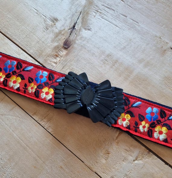 Embroidered Floral Ribbon Belt - Black with Red & Yellow Pattern Floral Jacquard Ribbon Trim, Black Red Gold Embroidered  main image 2