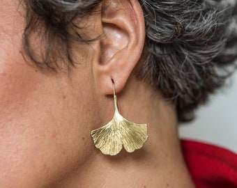 Ginkgo Biloba brass earrings, handmade, artisan product