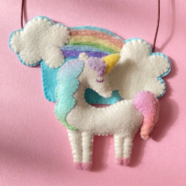 Necklace - felt unicorn in rainbow / name for free