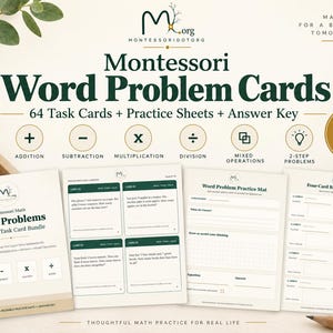 Op de afbeelding: Een Montessori-set met printbare tekstsommenkaarten, inclusief 64 taakkaarten, oefenbladen en een antwoordsleutel. De set bevat optellen, aftrekken, vermenigvuldigen, delen, gemengde bewerkingen en opgaven in twee stappen voor wiskundeoefeningen.