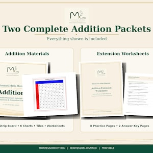 Utskrivbart Montessori-additionspaket | Additionstabeller, remsor, arbetsblad och övningar | 28-sidig matematik-PDF