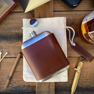 No.11 Personalised Leather Wrapped Hip Flask.
