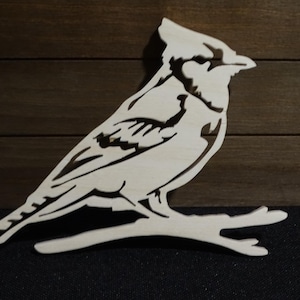 May include: A white wooden cutout of a blue jay perched on a branch. The bird is facing the right side of the image and has a detailed design.