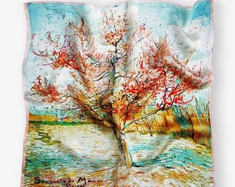 The Pink Peach Tree by Vincent van Gogh | Art on Silk Collection | %100 Silk Foulard Scarf