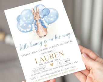 Peter Rabbit Baby Shower Invitation | BONUS electronic invite text to guests | Blue Baby Shower , Blue Peter Rabbit with Balloons | Bunny