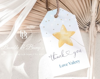 Twinkle Twinkle Little Star Printable Editable Favor Tag, Thank you tag | Baby Shower Gift Tag| Blue baby shower| Heart writing 3.5x2 inch