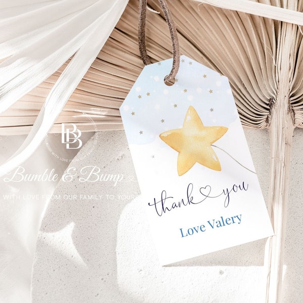 Twinkle Twinkle Little Star Printable Editable Favor Tag, Thank you tag | Baby Shower Gift Tag| Blue baby shower| Heart writing 3.5x2 inch