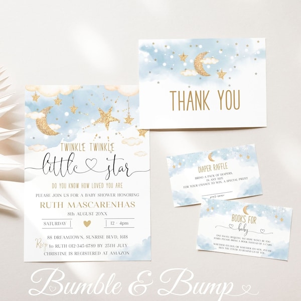 Twinkle Twinkle Little Star Dusty Blue & Gold Printable Baby Shower Invitation Bundle |EDITABLE Boy Baby Shower Set | Moon, Stars, BBTT01