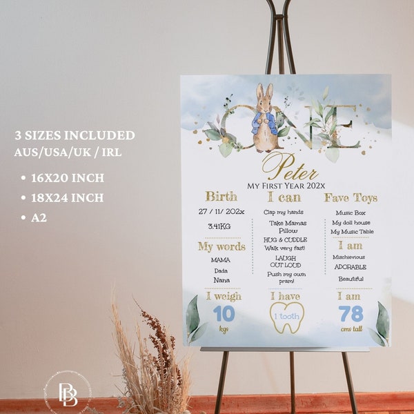 Peter Rabbit Printable Milestone Board | Peter Rabbit Birthday Party Decorations | Editable First Birthday Milestone Poster 3 sizes PR2301