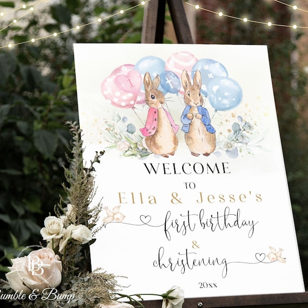 Joint Birthday Christening Peter Rabbit Welcome Sign | Twins Birthday Welcome Poster with Balloons | Editable Welcome Sign | PR2302