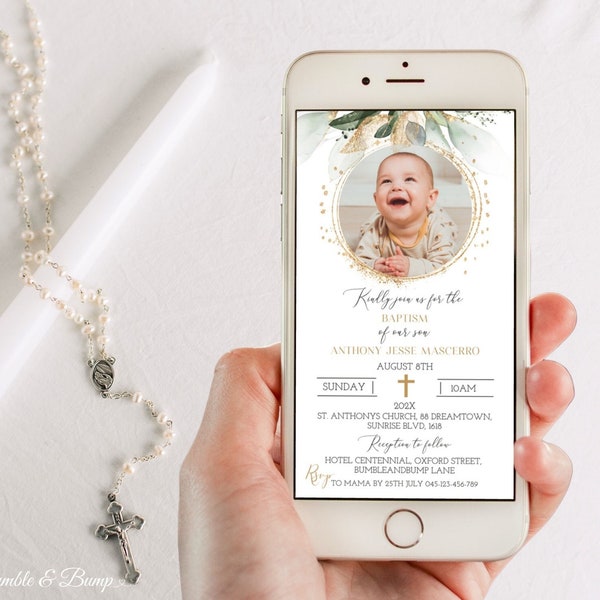 DIGITAL Baptism Greenery Smartphone SMS Invite to text, Green & Gold Textable Baptism or Christening Invitation,Greenery Gold Invite LAUREN