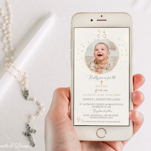 DIGITAL Baptism Photo Invite to text, Beige Cream & Gold Textable Baptism or Christening Invitation with photo Cream White Gold Baptism Text