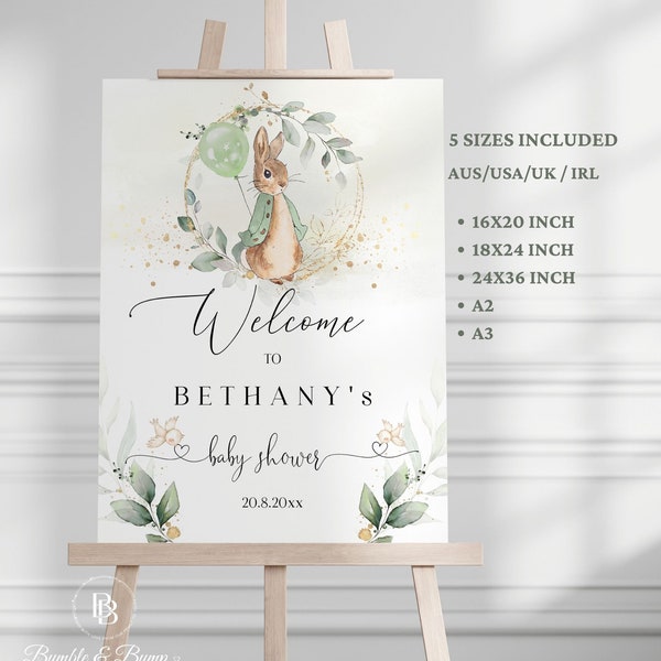 Peter Rabbit Baby Shower Welcome Sign | Greenery Welcome Poster | Editable Greenery Welcome Sign | Green Jacket Peter Rabbit Decor PR2301