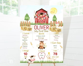 Farm Milestone Board | 1st Birthday Milestone Board | 18x24 and A2 Templett Template included |Printable Birthday Milestone Board | Stats