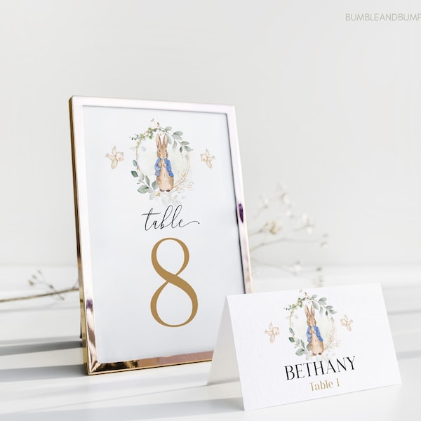 Table Number with Tent Fold Table Name Cards | Peter Rabbit Table Numbers Template with Editable Place Card | Greenery | EDITABLE PR2301