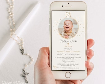 DIGITAL Baptism Photo Invite to text, Beige Cream & Gold Textable Baptism or Christening Invitation with photo Cream White Gold Baptism Text