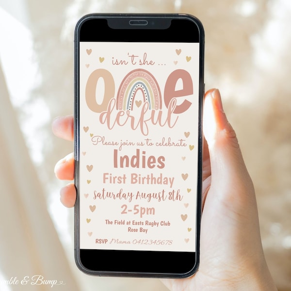 Boho Rainbow 1st Birthday Electronic Invite to text to guests,  Isn't she Onederful First Birthday Invitation Editable Boho Rainbow RB1