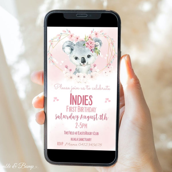 Koala Birthday Electronic Invitation Baby Girl Australian Koala Bear Birthday, Editable Phone Evite to text, Floral Invite Instant K3