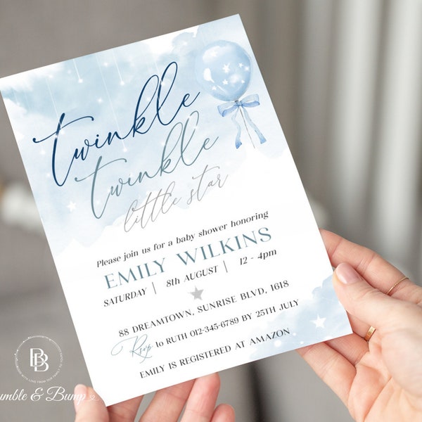 Twinkle Twinkle Little Star Dusty Blue Balloon Printable Baby Shower Invitation | EDITABLE Boy Baby Shower invite | Stars, Clouds, Balloon