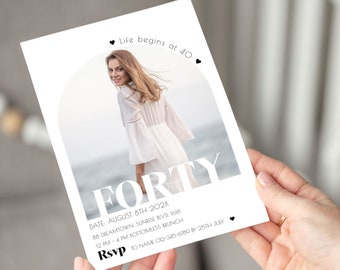 40th Birthday with Photo invitation | Printable fortieth birthday photo invite | Modern and Minimalist style | editable invitation template