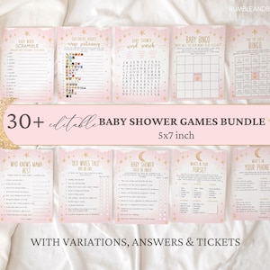 30+ Set of Editable Baby Shower Games Bundle | Pink Gold Twinkle Little Star Printable Baby Shower Games | Girl Baby Shower Games |  BBTT03