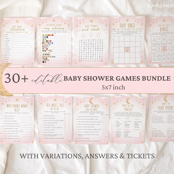 30+ Set of Editable Baby Shower Games Bundle | Pink Gold Twinkle Little Star Printable Baby Shower Games | Girl Baby Shower Games |  BBTT03