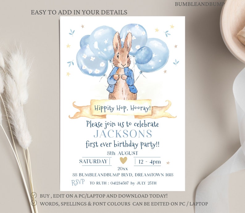 Peter Rabbit Printable Birthday Invitation With Balloons | Etsy
