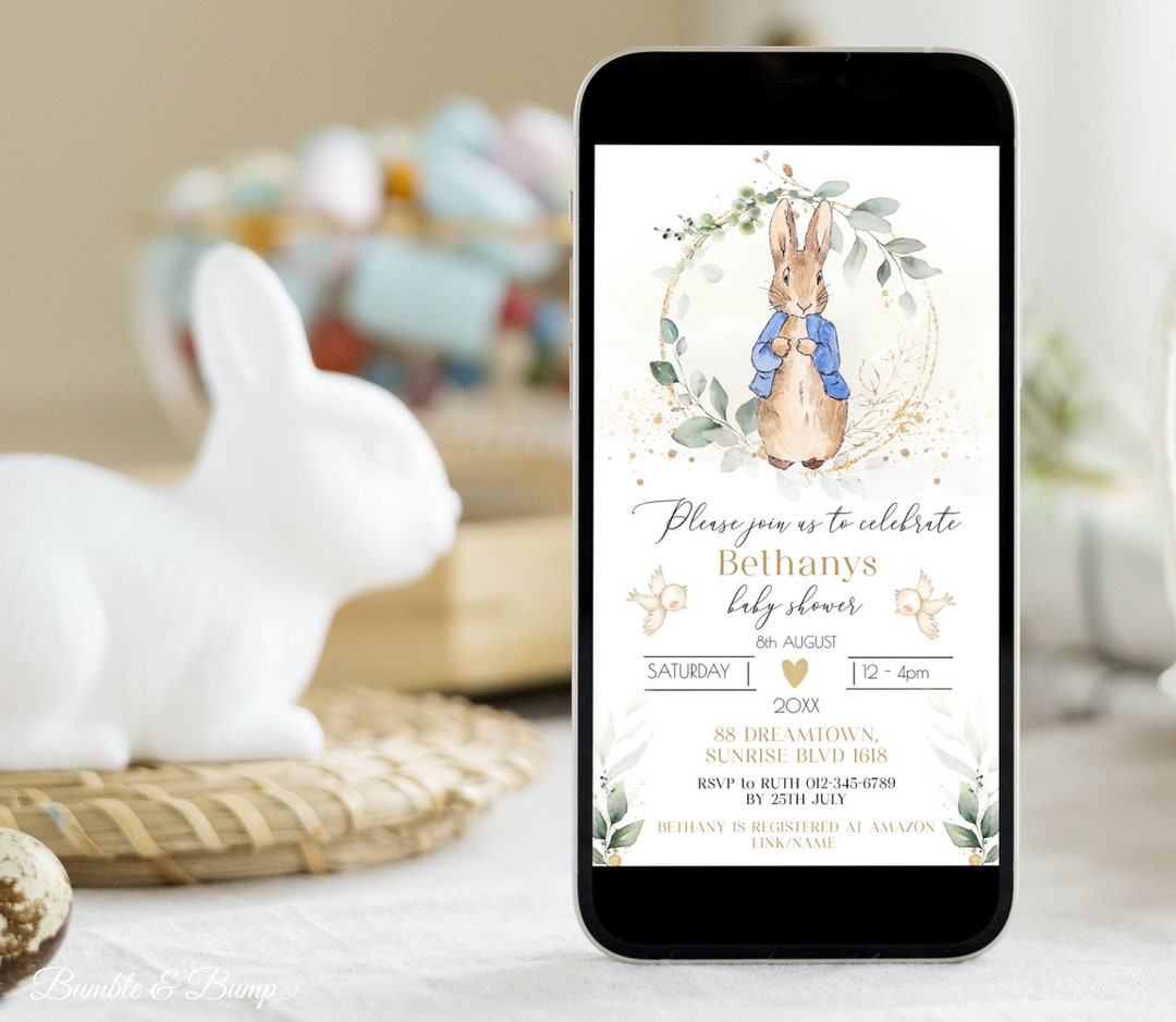 Peter Rabbit With Greenery Baby Shower Electronic Invitation Template ...