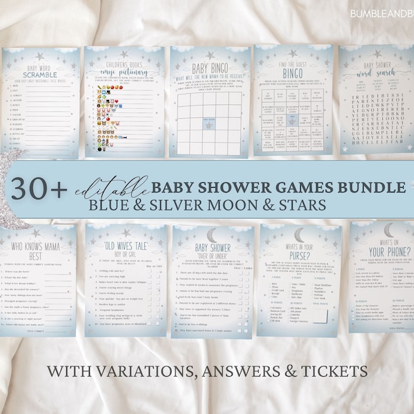 30+ Set of Editable Baby Shower Games Bundle| Twinkle Little Star Dusty Blue & Silver Printable Baby Shower Games |Boy Baby Shower |  BSTT02