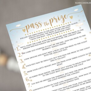 Pass the Prize Rhyme Game Printable Baby Shower Game Dusty Blue &amp; Gold ...